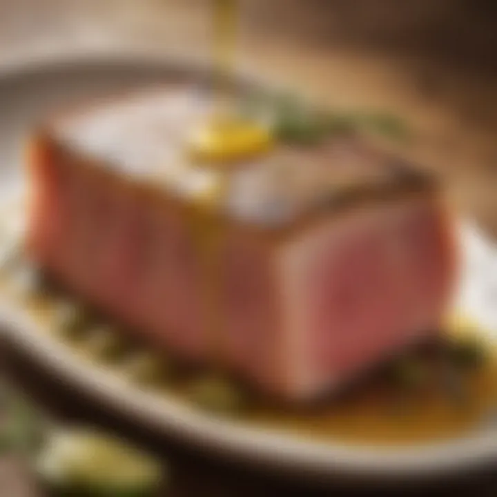 Close-up of a rich, golden olive oil drizzling over tender tuna