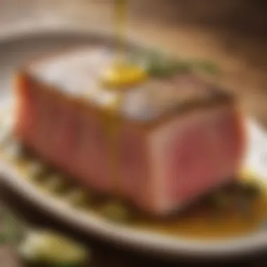 Olive Oil Drizzle Over Tuna Close-up of a rich, golden olive oil drizzling over tender tuna