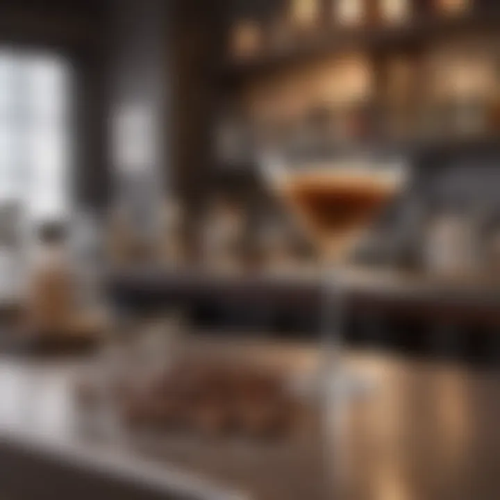 Coffee beans and cocktail glass on a bar countertop