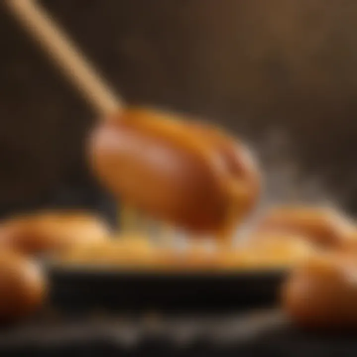 Close-up view of a corn dog frying in oil with a golden-brown exterior.