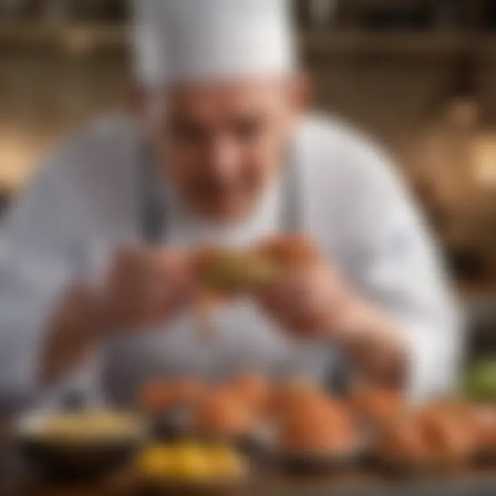 A close-up of a chef expertly cracking open a crab cluster, revealing succulent meat.