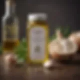 A bottle of garlic crunch oil with herbs in the background