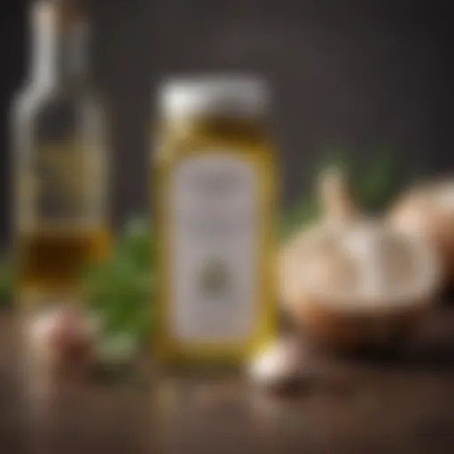 A bottle of garlic crunch oil with herbs in the background