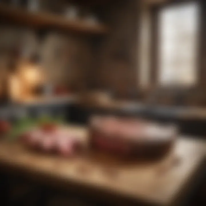 A rustic kitchen setting with beef cuts being showcased