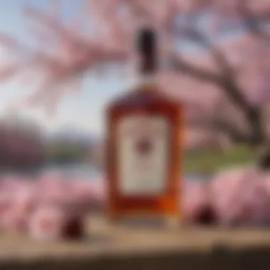 A vintage bottle of Jim Beam Cherry Whiskey with a backdrop of cherry blossoms