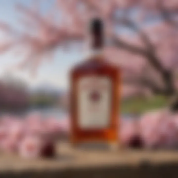 A vintage bottle of Jim Beam Cherry Whiskey with a backdrop of cherry blossoms