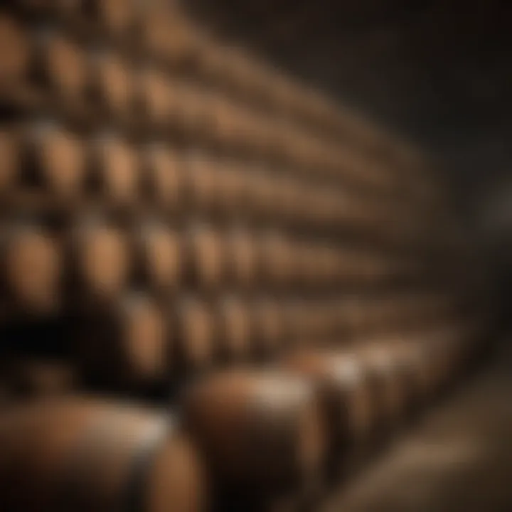 A display of bourbon barrels in a distillery, emphasizing craftsmanship and aging process.