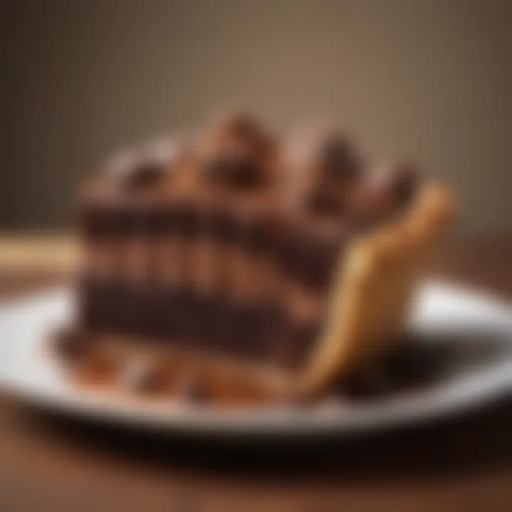 A close-up shot of a decadent chocolate cake with a surprise pie filling.