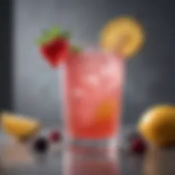 A vibrant glass of pink lemonade vodka cocktail adorned with fresh fruits