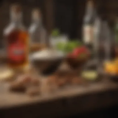 Essential Ingredients for Sweet Alcoholic Creations Ingredients used in crafting sweet alcoholic drinks arranged on a wooden table.
