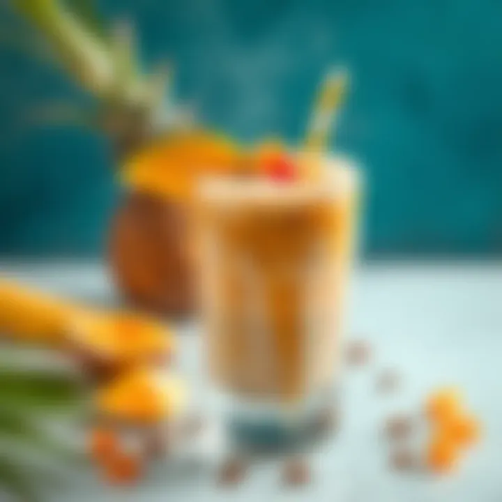 A glass of caramel coconut milk served with tropical garnishes
