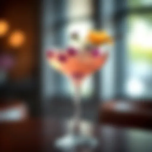 Elegance in a Glass: The Rose Martini Close-up of a rose martini garnished with edible flowers