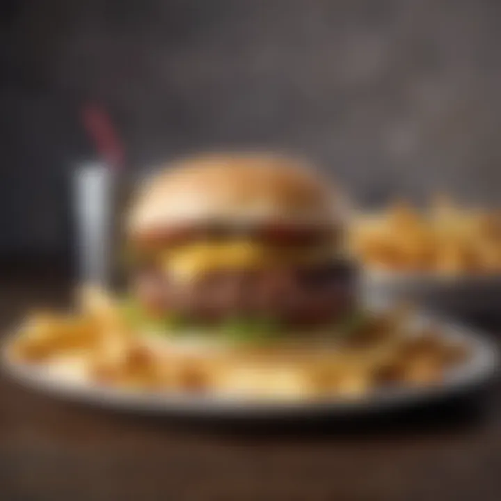 A beautifully plated Sams Club hamburger with a side of fries, emphasizing presentation.