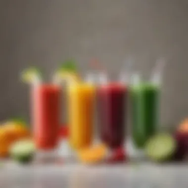 An array of colorful juices in glasses, emphasizing variety and health benefits