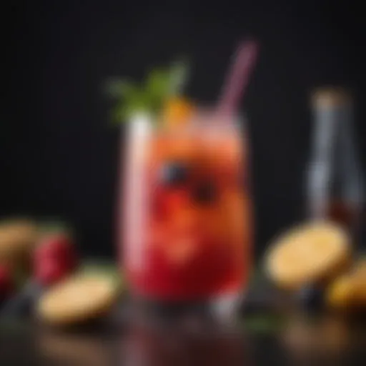 Colorful mocktail garnished with fresh fruits and herbs