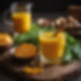 A vibrant glass of turmeric ginger drink garnished with fresh herbs