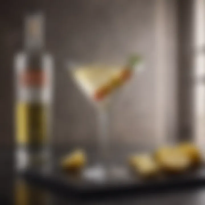 An elegant vodka martini presentation with a sophisticated backdrop