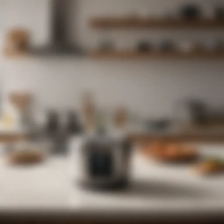 A well-organized kitchen featuring a rice cooker and various cooking ingredients.