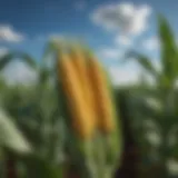 A vibrant field of sweet corn swaying gently in the breeze under a clear blue sky.