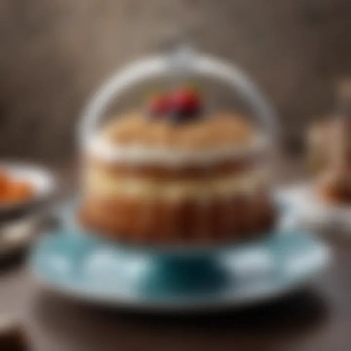 Artfully styled cake presentation on a decorative plate with dome