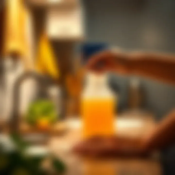 A person cleaning a kitchen surface using a spray bottle filled with a cleaning solution