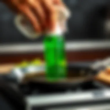 A spray bottle being used for oil application on a skillet