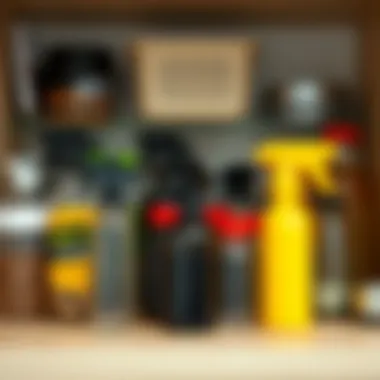 An organized kitchen shelf featuring a collection of spray bottles for various uses