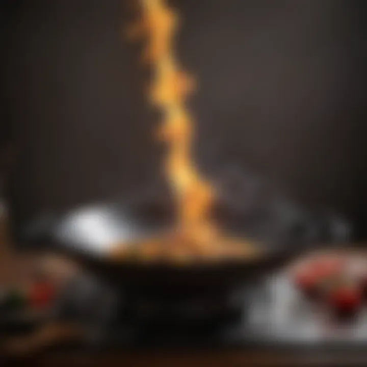 A close-up view of a wok in action over a flame, illustrating the traditional cooking method with modern flare.