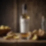 A bottle of artisanal ginger flavored vodka against a rustic backdrop