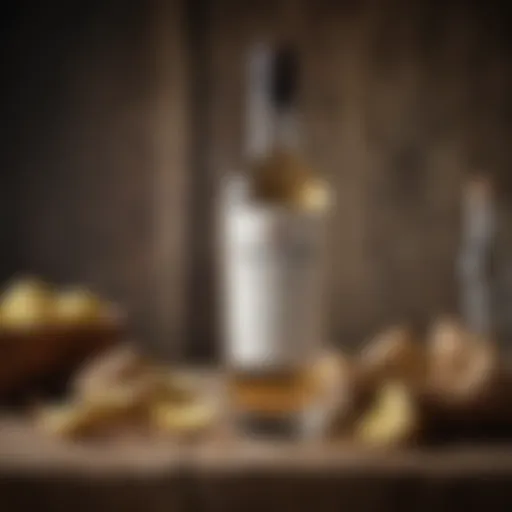 A bottle of artisanal ginger flavored vodka against a rustic backdrop