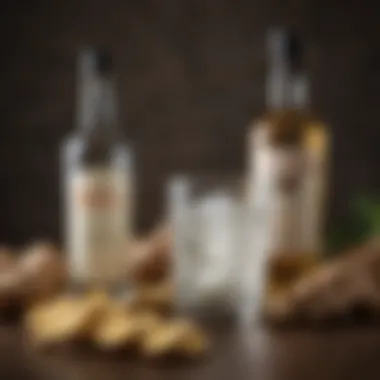 Fresh Ginger and Vodka Fresh ginger root alongside a glass of ginger flavored vodka