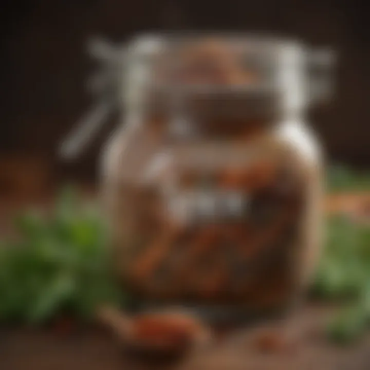 A close-up of a homemade spice blend in a decorative jar with herbs around it