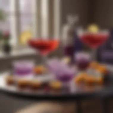 Stylish Cocktail Table Display A beautifully arranged cocktail table featuring purple drinks