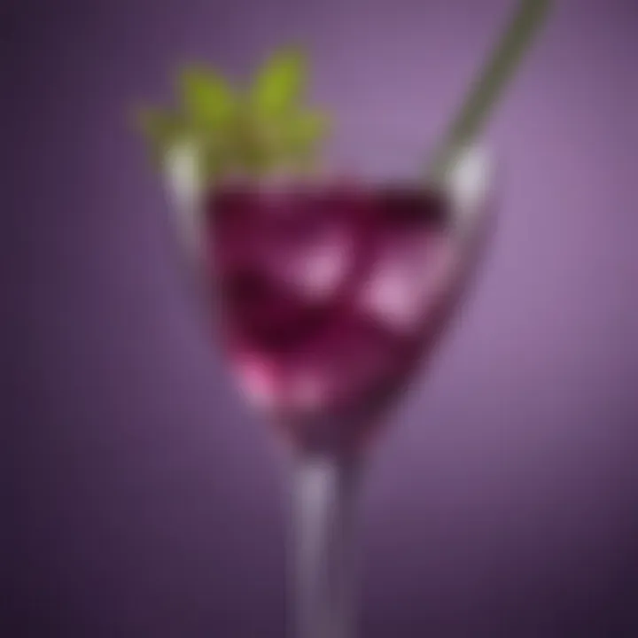 A close-up of a purple cocktail with a creative garnish