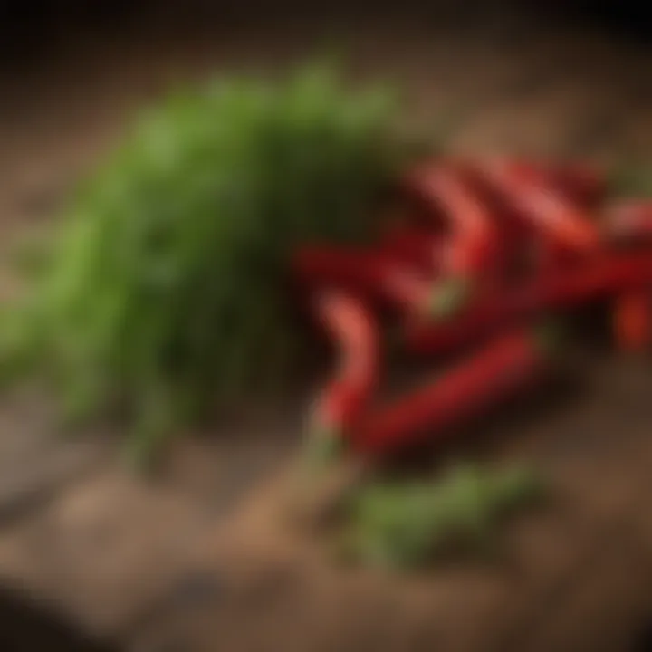 Close-up view of fresh chili peppers and herbs on a wooden surface