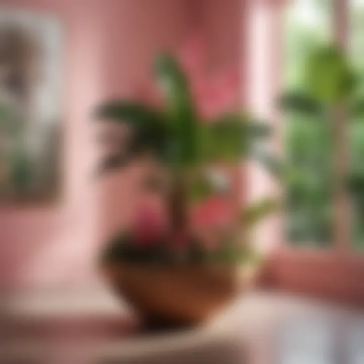 A beautifully arranged indoor setting with pink-leaved tropical plants.