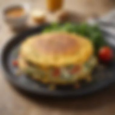 A close-up of a fluffy omelette filled with vegetables and cheese