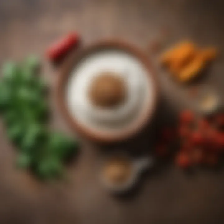 A creative setup of homemade vegan ranch seasoning ingredients on a rustic surface.