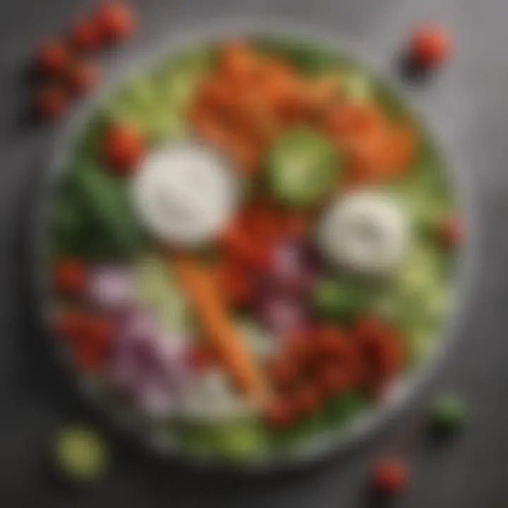 A colorful array of fresh vegetables paired with vegan ranch dressing.