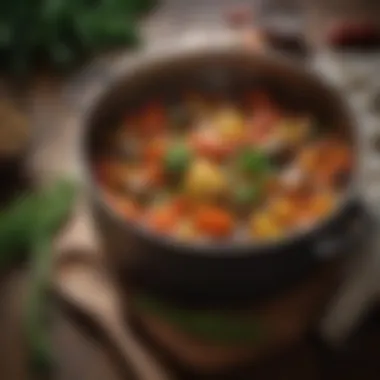 A close-up of a rich vegetable stew simmering in a pot, filled with aromatic herbs.