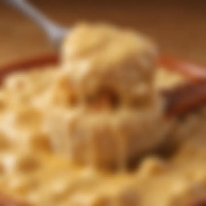 A close-up of the gooey texture of melted Velveeta cheese in the dip, showcasing its creamy consistency.