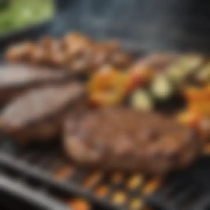 Close-up of sizzling meats and vegetables on a 3-burner grill