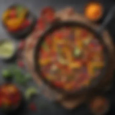 A Colorful Fajita Skillet Ready to Serve Sizzling fajita skillet with vibrant vegetables and spices