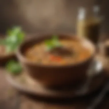 A hearty lentil soup served in a rustic bowl, garnished with herbs.