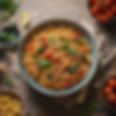 A colorful plate of pasta with fresh vegetables and herbs