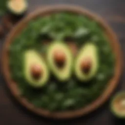 Avocado slices on a wooden platter surrounded by greens