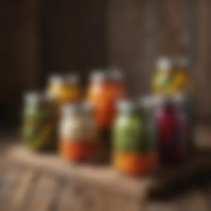 Colorful array of preserved vegetables in glass jars against a rustic wooden background.