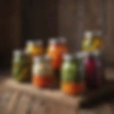 Vibrant Preserved Vegetables Colorful array of preserved vegetables in glass jars against a rustic wooden background.