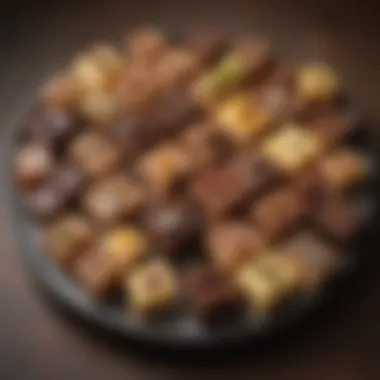 A platter displaying an assortment of fudge varieties with unique toppings and flavors