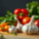Vibrant Ingredients for a Flavorful Dish Fresh garlic cloves and vibrant vegetables ready for stir fry